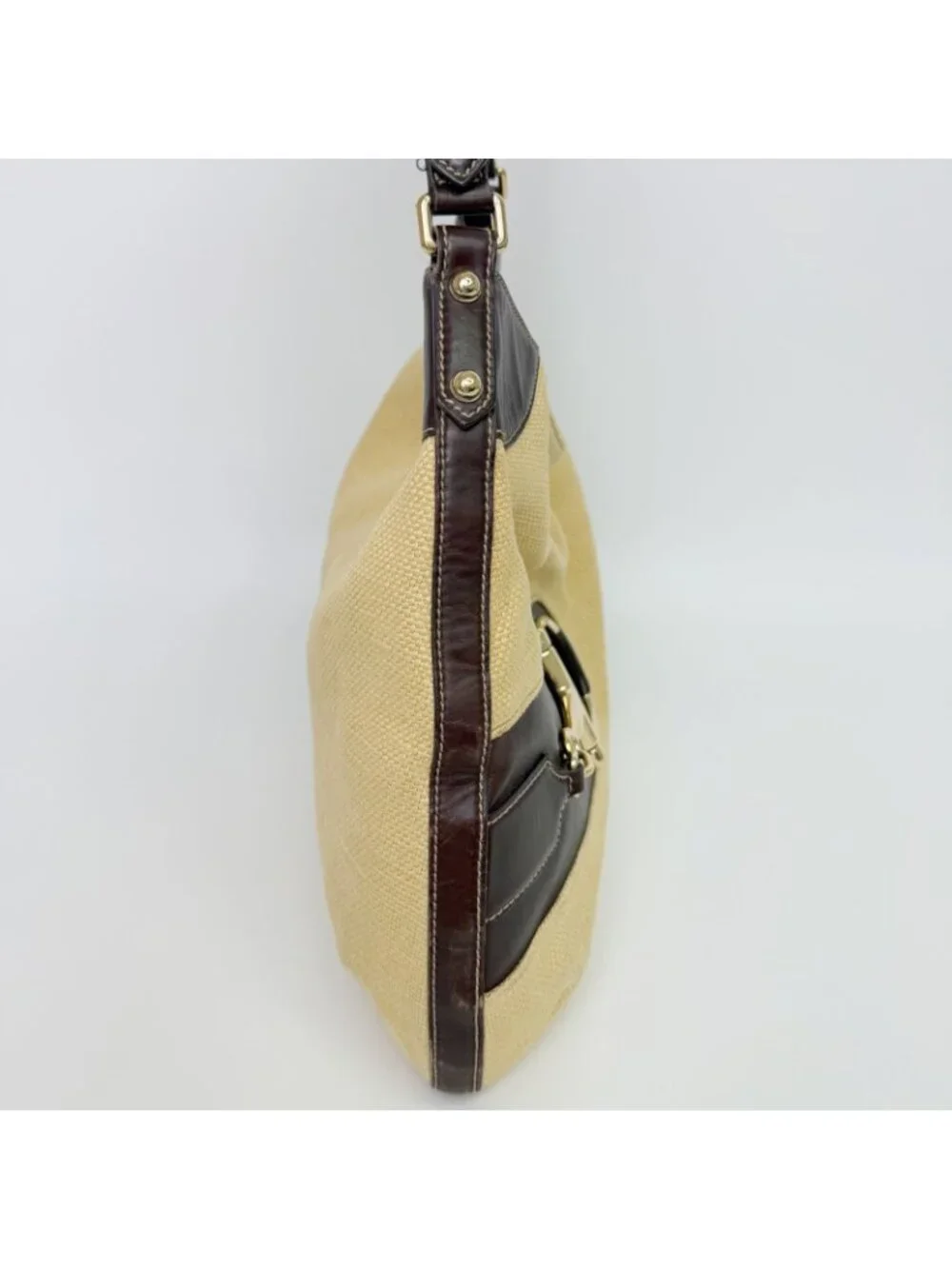 Gucci Horsebit Canvas Hobo Shoulder Bag Beige Brown Gold Vintage